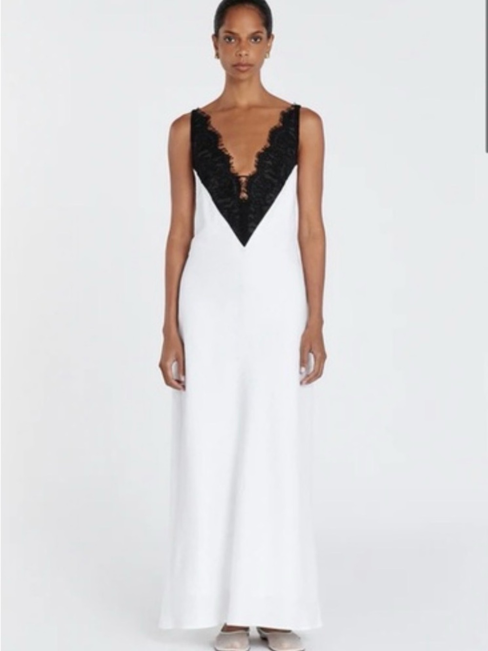 DISSH White Maxi Slip Dress with Black Lace V-Neck - Picture 2 of 7